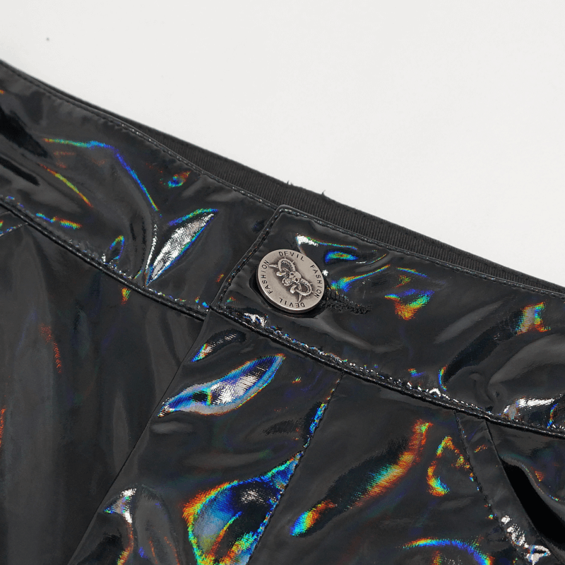 Punk Patent Leather Pants with Chains / Black Gothic Fitted Trousers for Men