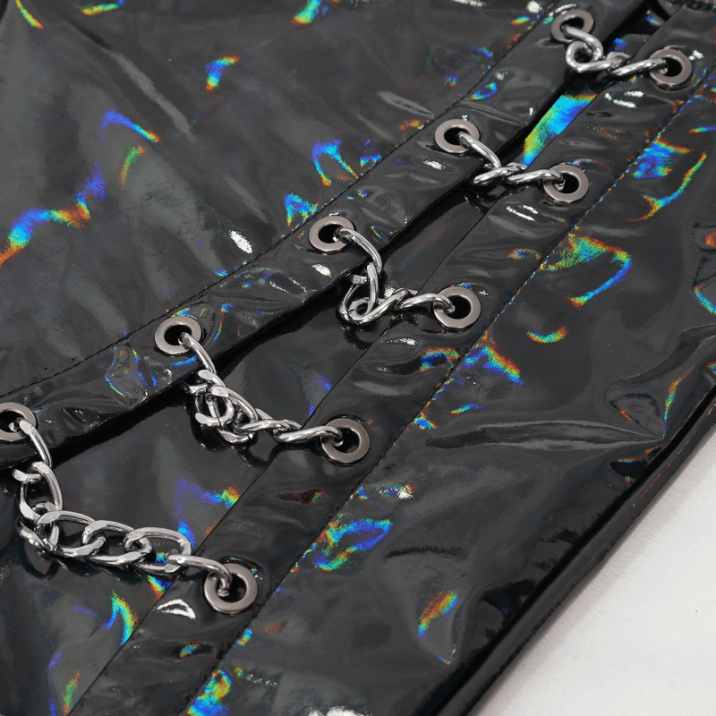 Punk Patent Leather Pants with Chains / Black Gothic Fitted Trousers for Men