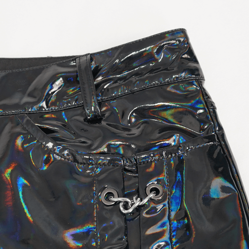 Punk Patent Leather Pants with Chains / Black Gothic Fitted Trousers for Men
