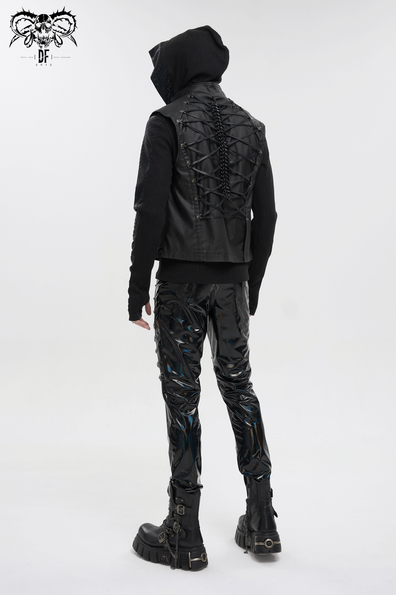Punk Patent Leather Pants with Chains / Black Gothic Fitted Trousers for Men