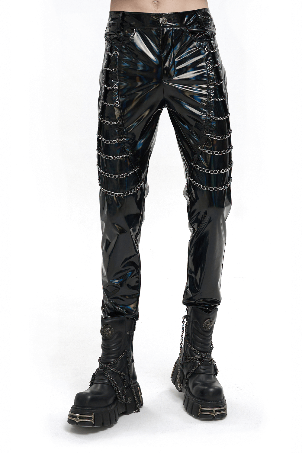 Punk Patent Leather Pants with Chains / Black Gothic Fitted Trousers for Men