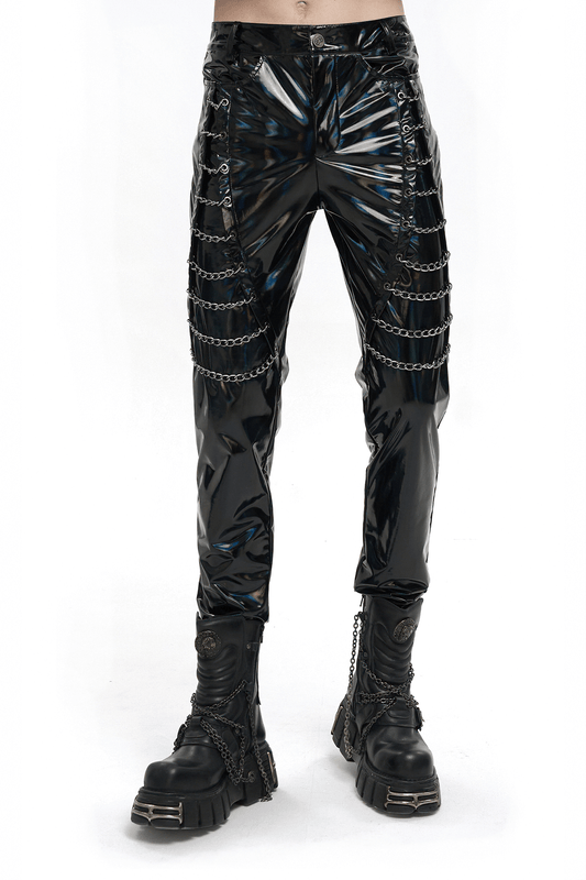 Punk Patent Leather Pants with Chains / Black Gothic Fitted Trousers for Men