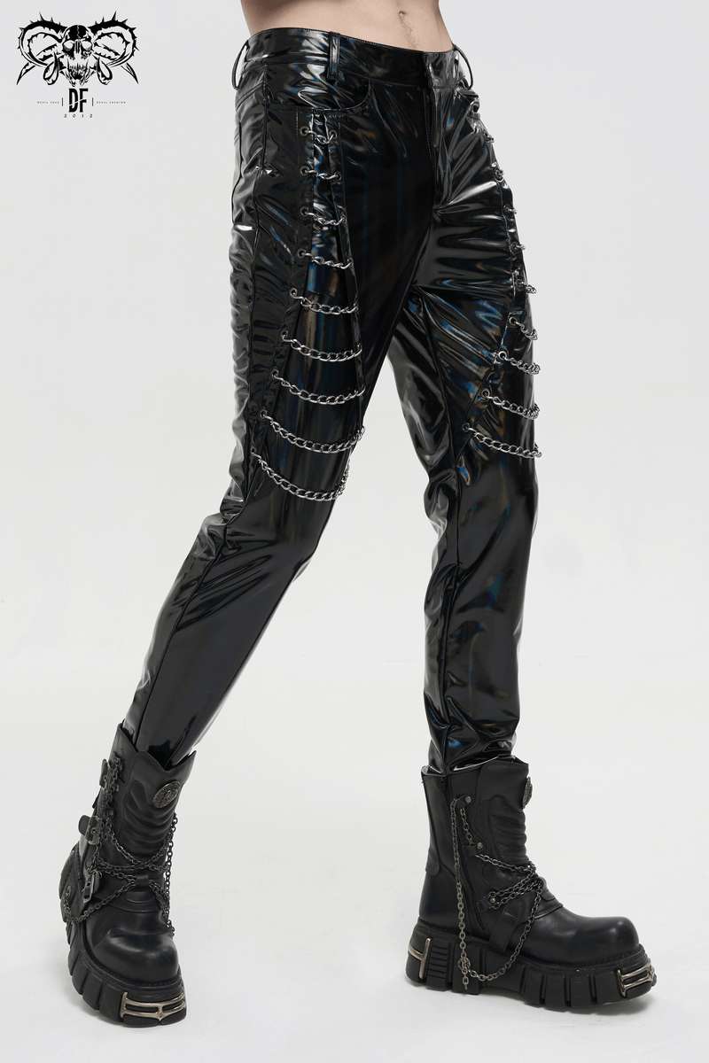 Punk Patent Leather Pants with Chains / Black Gothic Fitted Trousers for Men