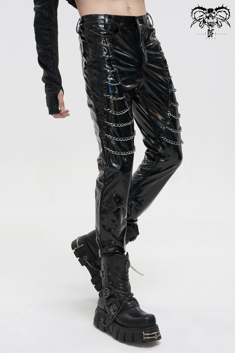 Punk Patent Leather Pants with Chains / Black Gothic Fitted Trousers for Men