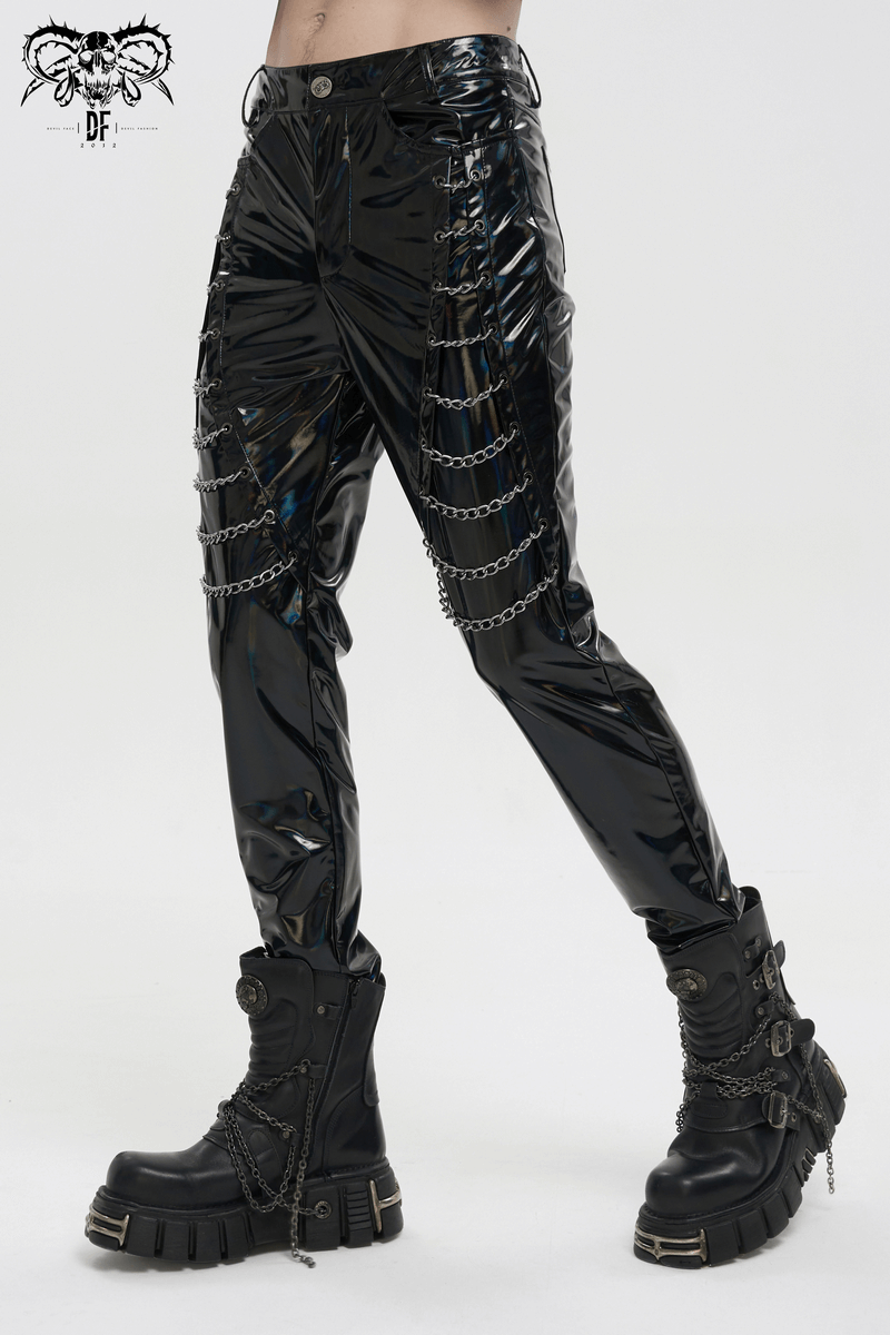 Punk Patent Leather Pants with Chains / Black Gothic Fitted Trousers for Men
