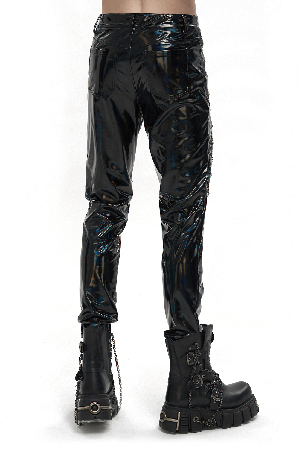 Punk Patent Leather Pants with Chains / Black Gothic Fitted Trousers for Men