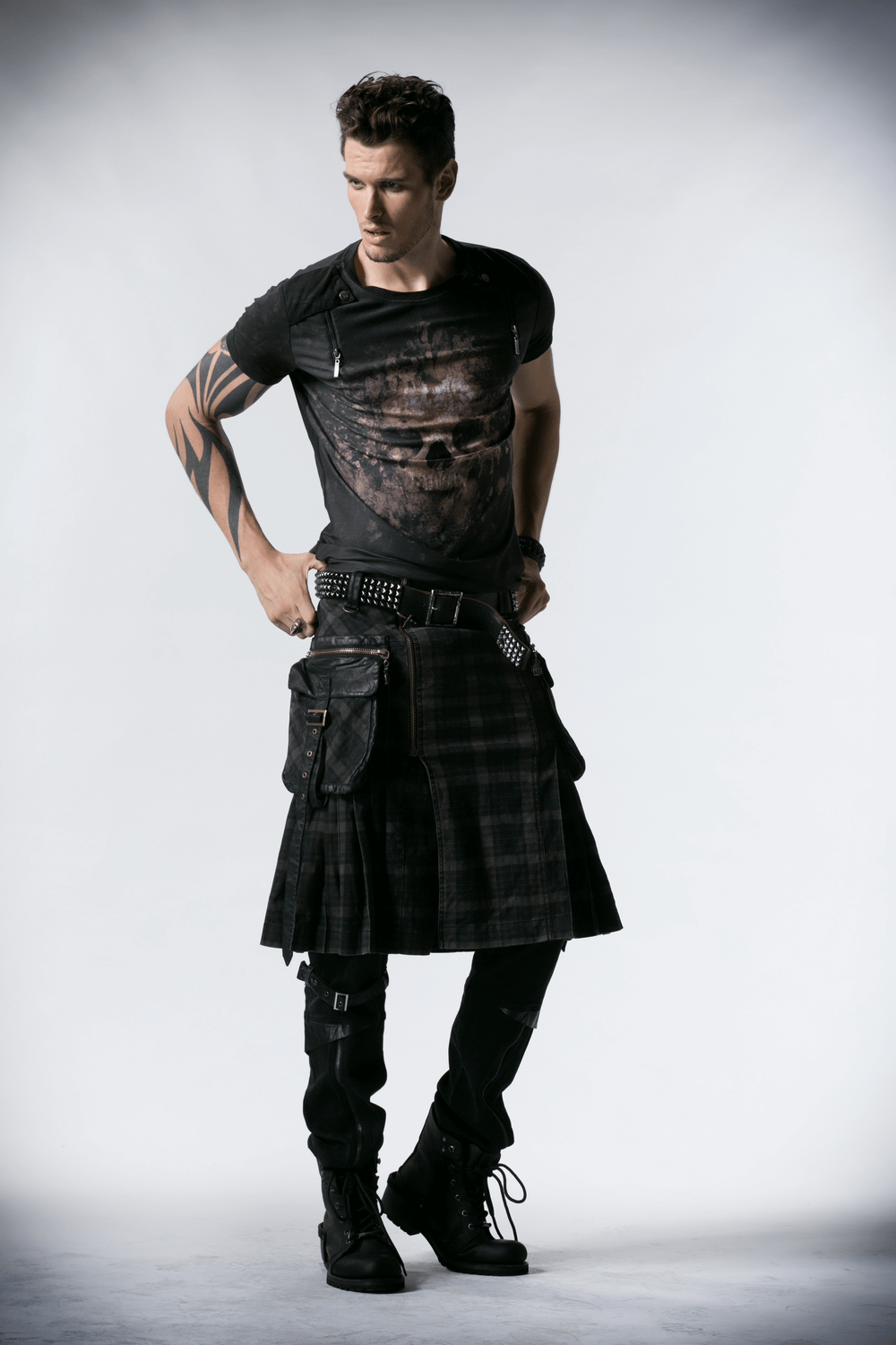 Punk Plaid Kilt with Cargo Pockets and Zipper