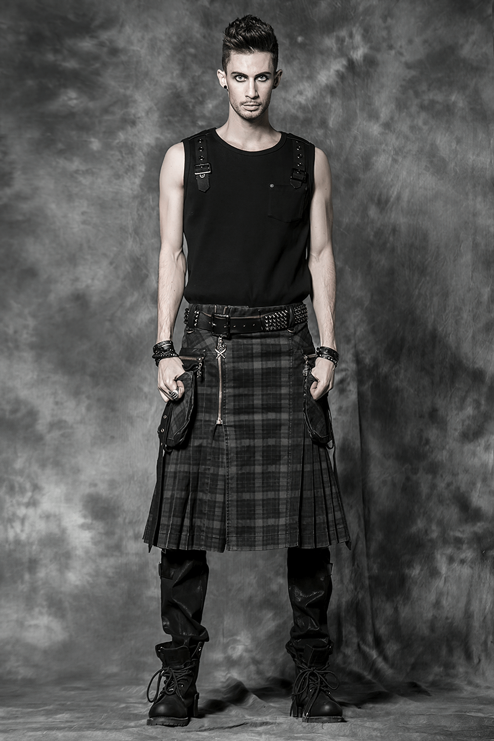 Punk Plaid Kilt with Cargo Pockets and Zipper