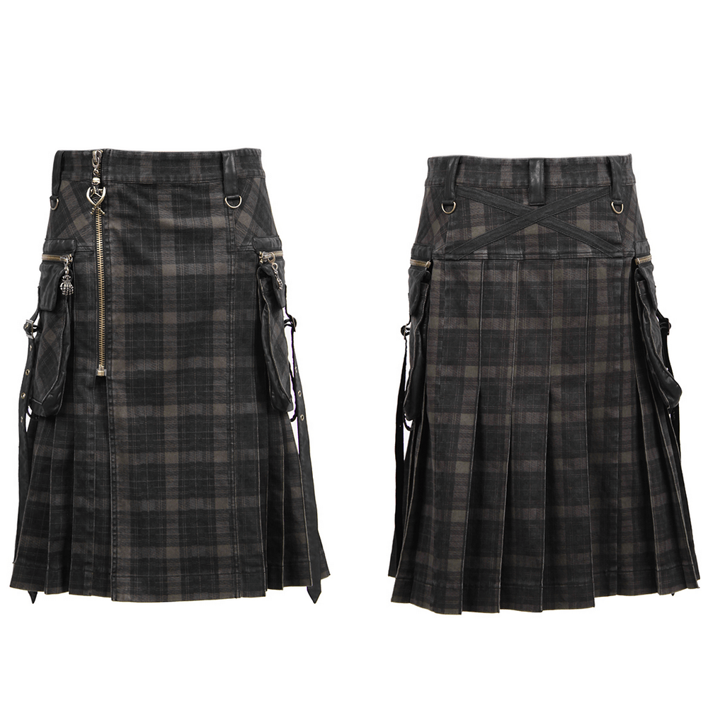 Punk Plaid Kilt with Cargo Pockets and Zipper