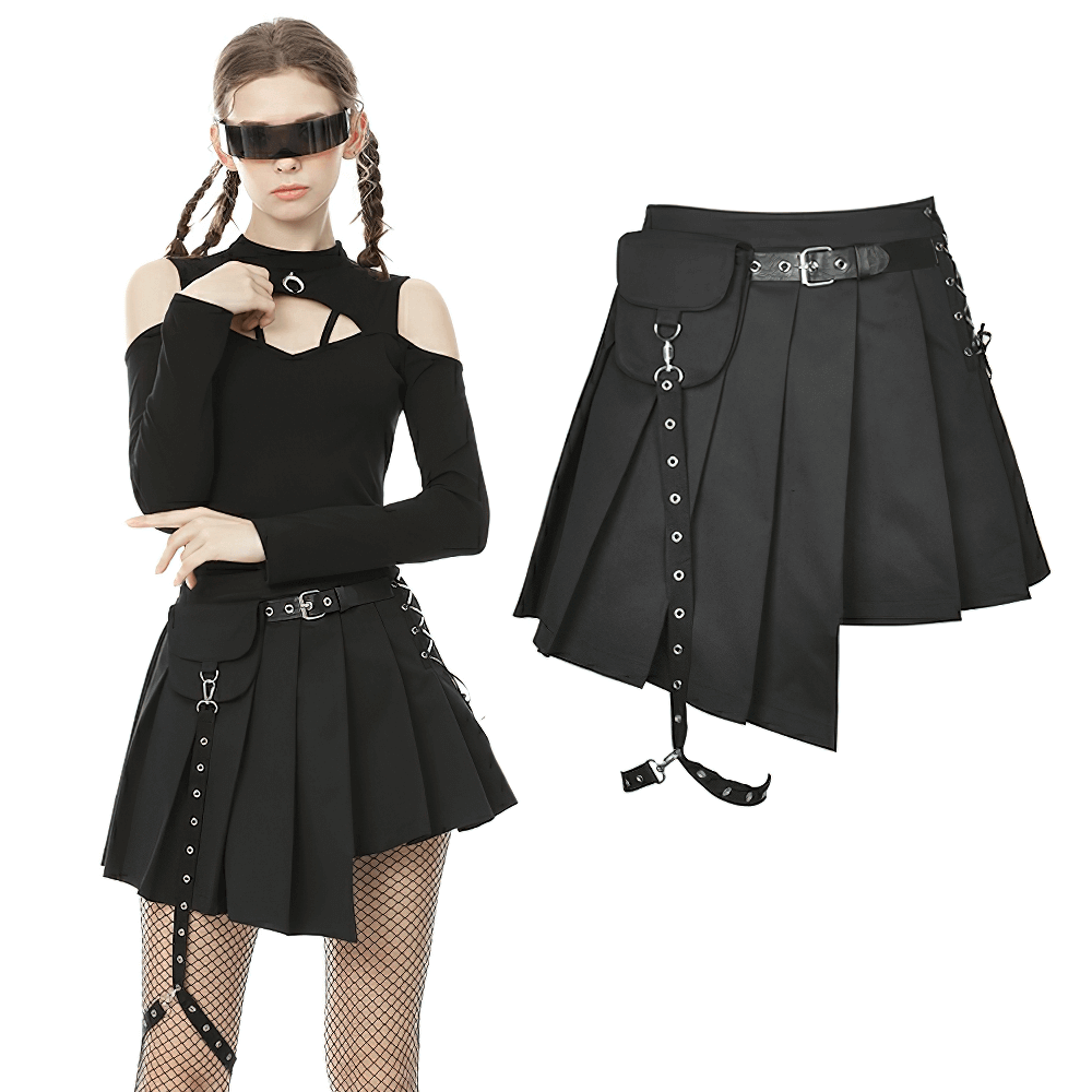 Punk Pleated Female Mini Skirt with Pocket and Leg Belt