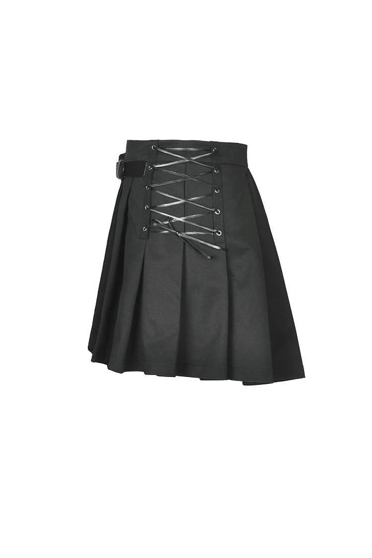 Punk Pleated Female Mini Skirt with Pocket and Leg Belt
