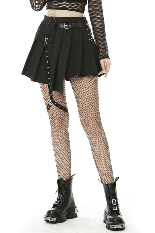 Punk Pleated Female Mini Skirt with Pocket and Leg Belt