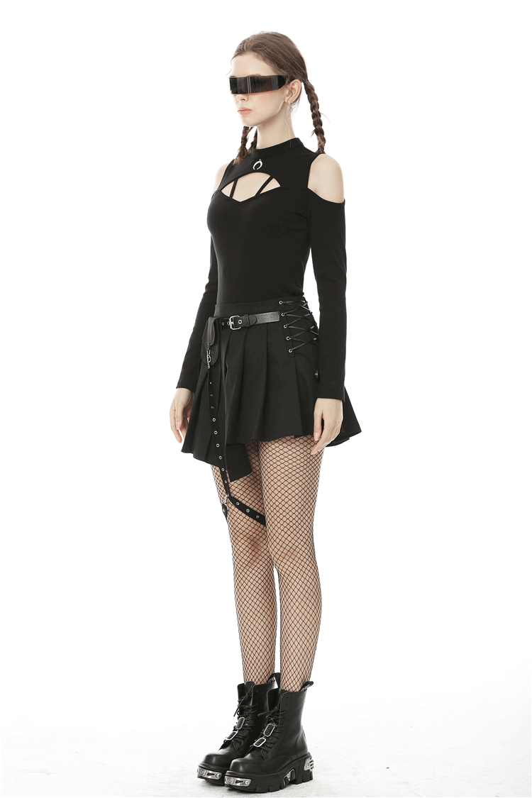 Punk Pleated Female Mini Skirt with Pocket and Leg Belt