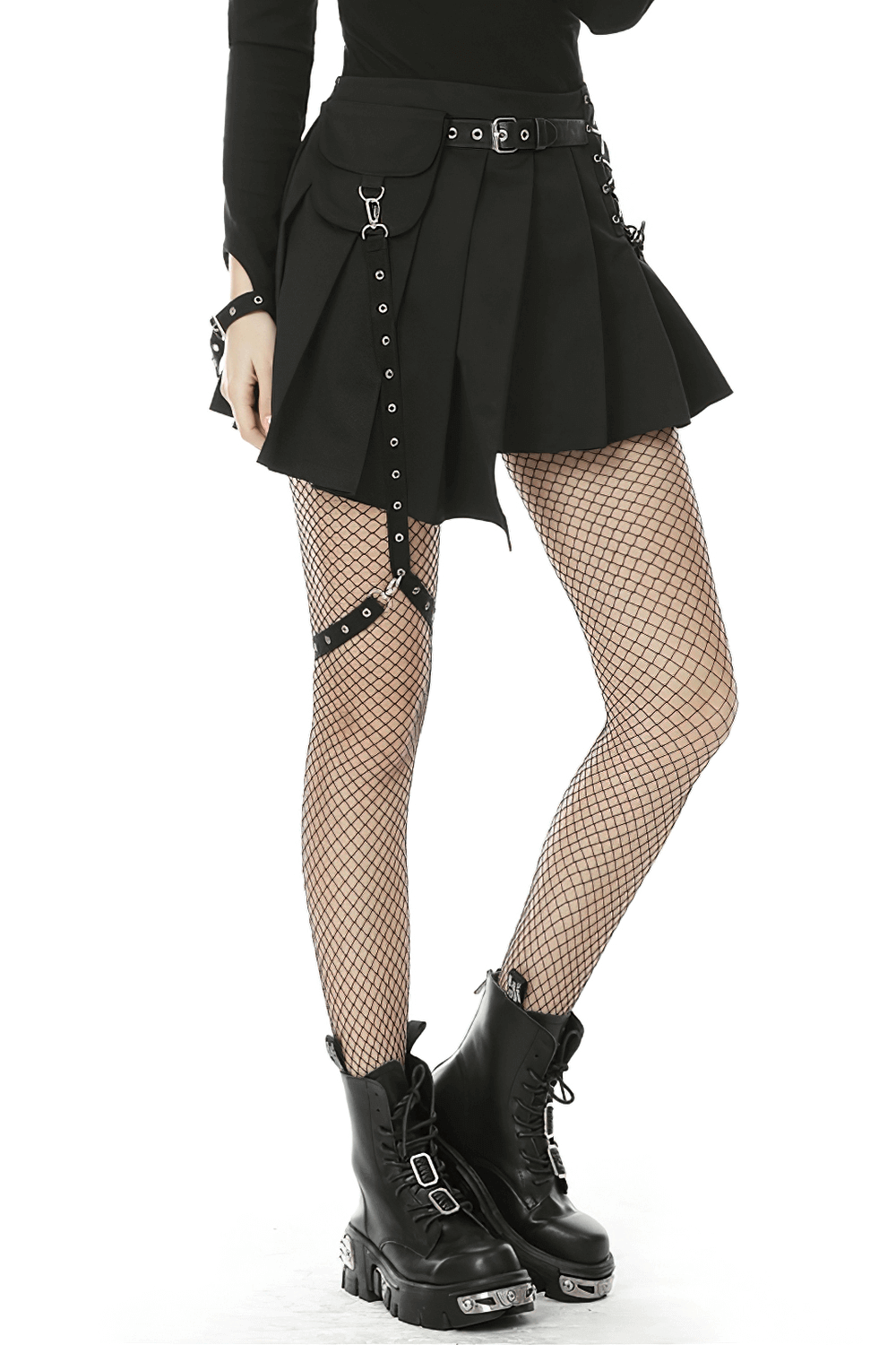 Punk Pleated Female Mini Skirt with Pocket and Leg Belt