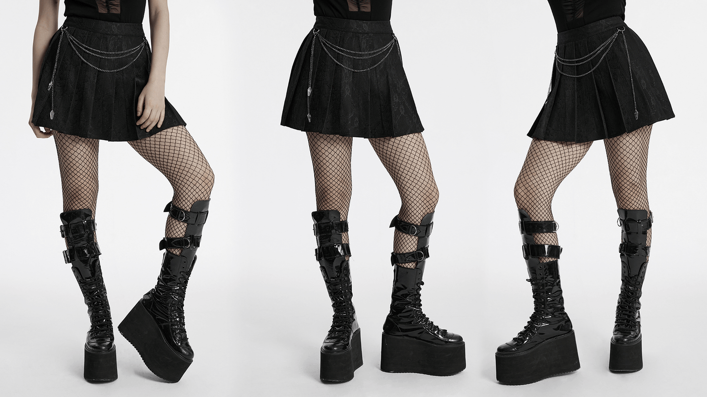 Punk Pleated Skirt with Chains and Floral Net Design
