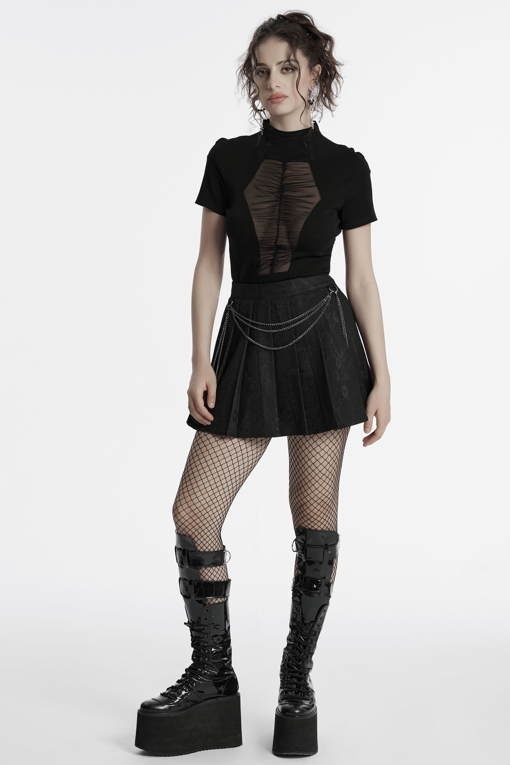 Punk Pleated Skirt with Chains and Floral Net Design