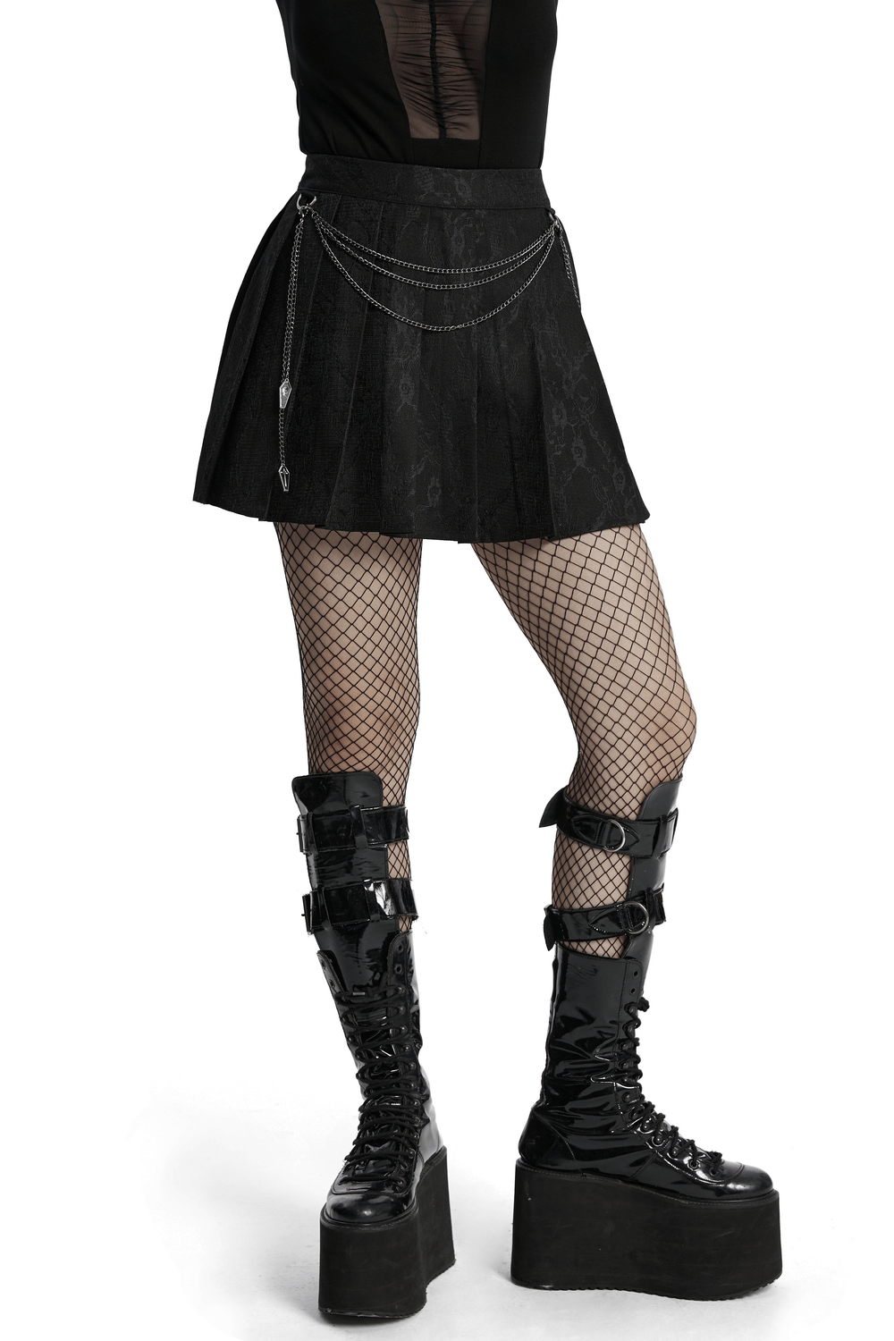 Punk Pleated Skirt with Chains and Floral Net Design