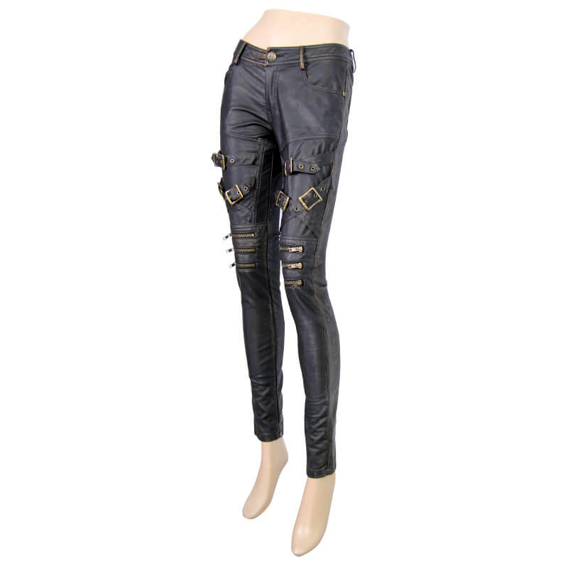 Punk PU Leather Leggings for Women / Vintage Motorcycle Skinny Pants with Buckles