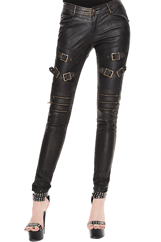 Punk PU Leather Leggings for Women / Vintage Motorcycle Skinny Pants with Buckles