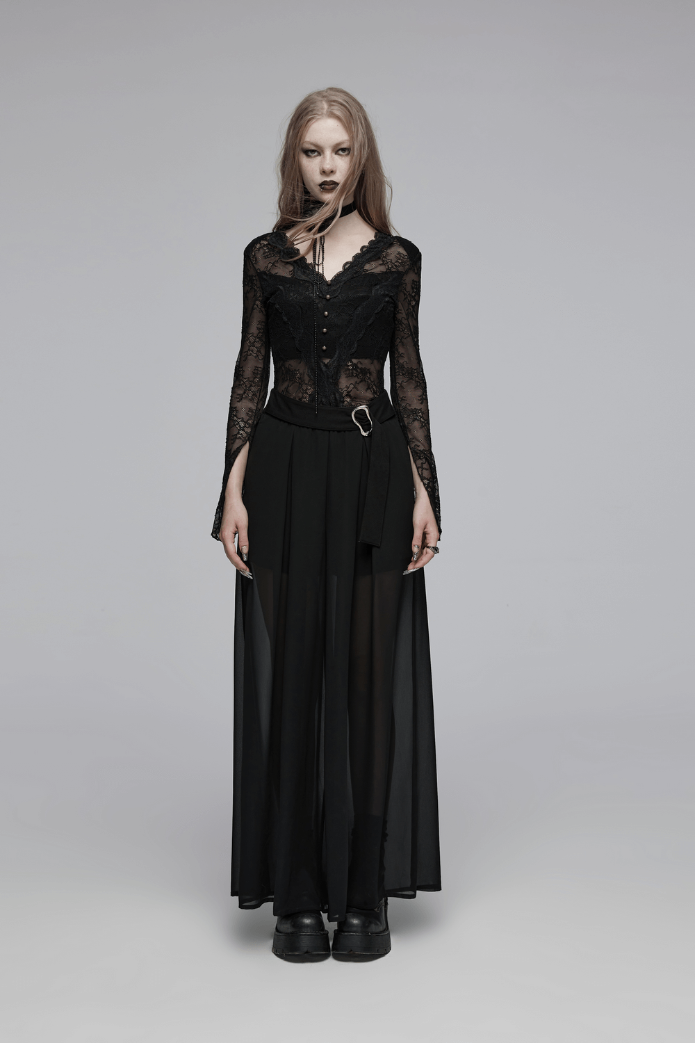 Punk Rave Black Chiffon Sheer Leg Pants Buckle Detailing