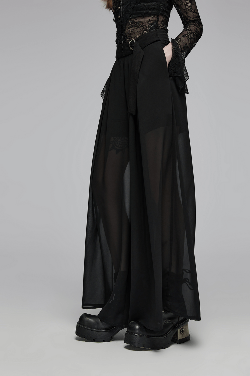 Punk Rave Black Chiffon Sheer Leg Pants Buckle Detailing
