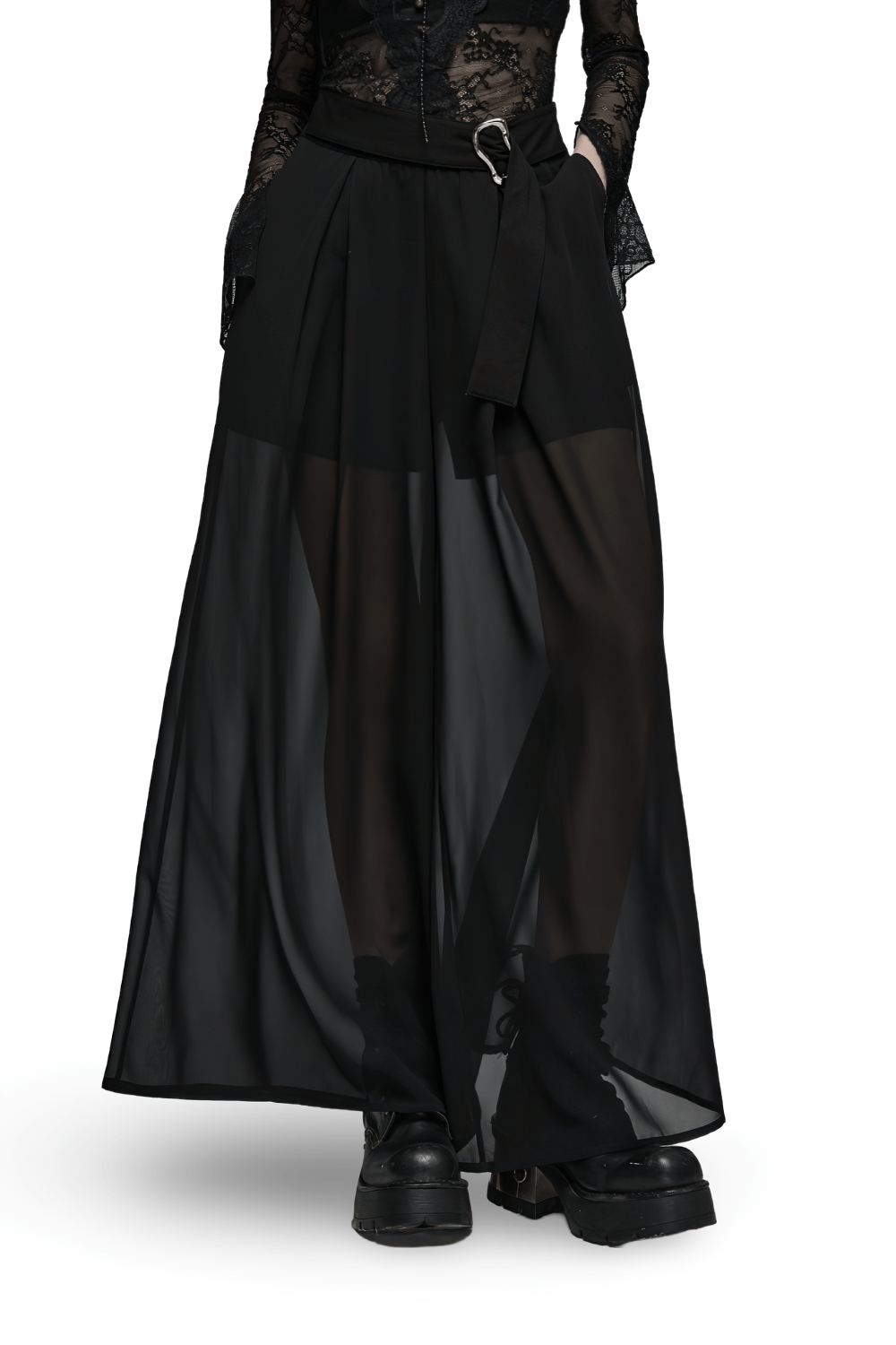Punk Rave Black Chiffon Sheer Leg Pants Buckle Detailing