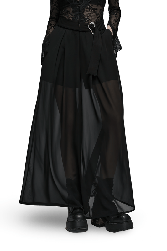 Punk Rave Black Chiffon Sheer Leg Pants Buckle Detailing