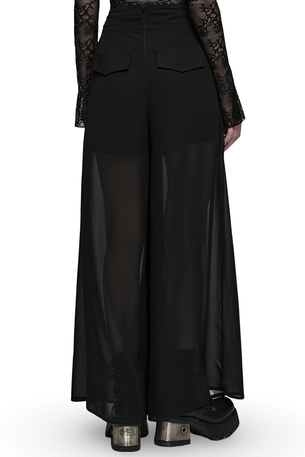 Punk Rave Black Chiffon Sheer Leg Pants Buckle Detailing