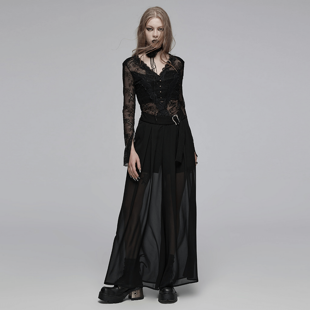 Punk Rave Black Chiffon Sheer Leg Pants Buckle Detailing