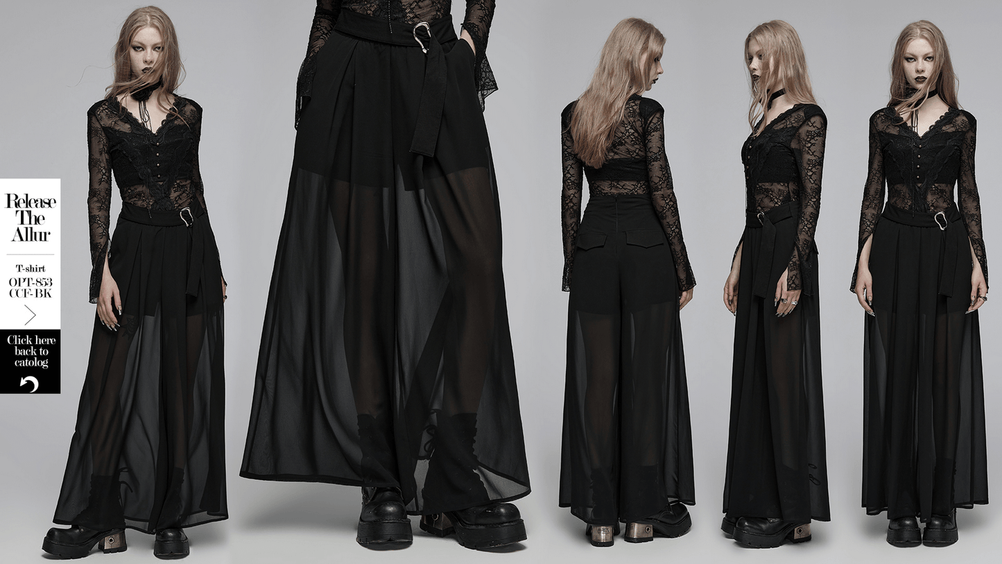 Punk Rave Black Chiffon Sheer Leg Pants Buckle Detailing