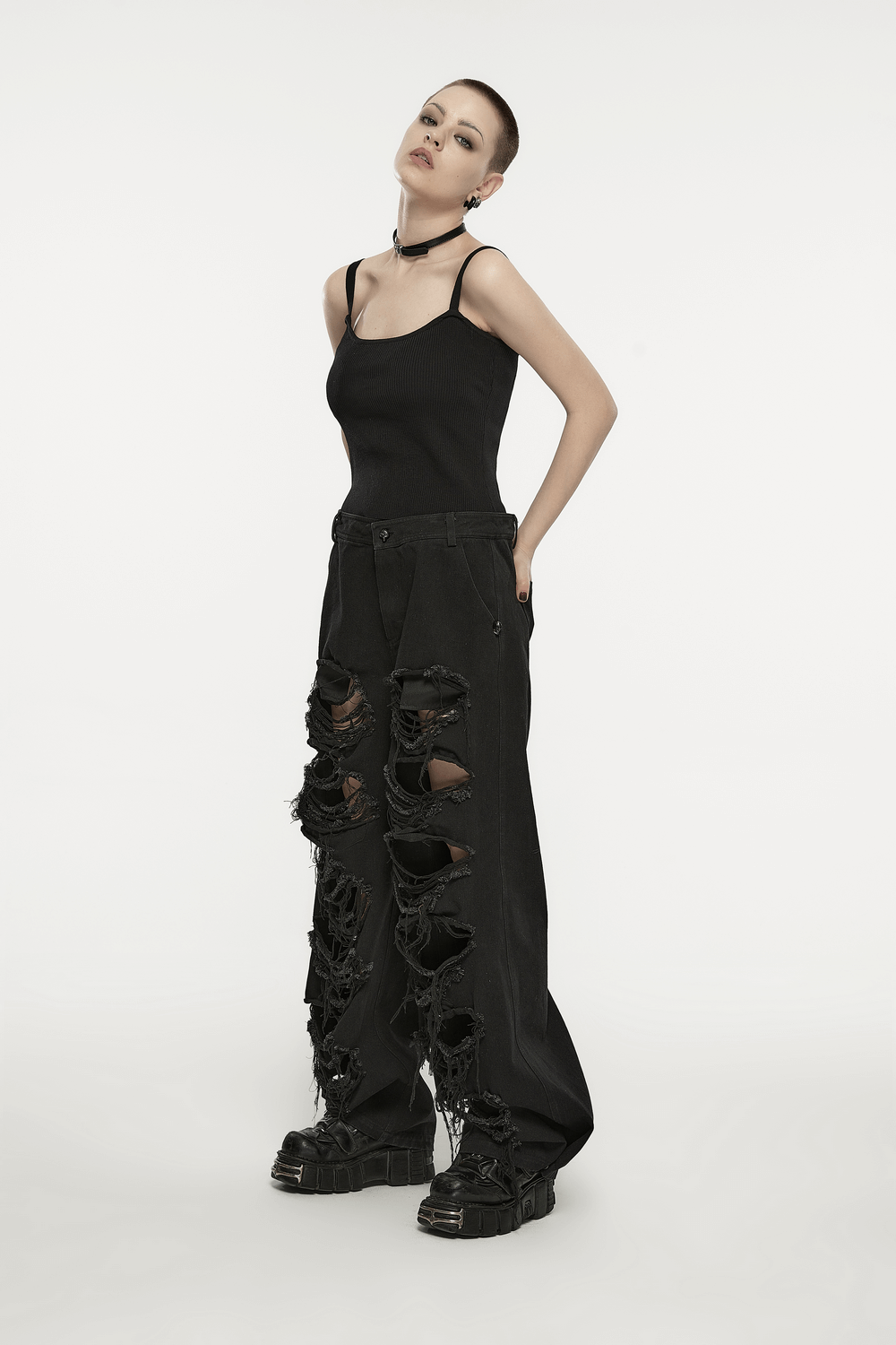 Punk Rave Black Distressed Wide Leg Denim Pants with Rips