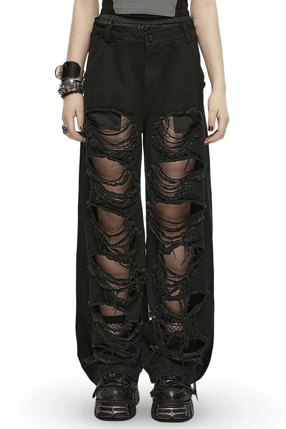 Punk Rave Black Distressed Wide Leg Denim Pants with Rips