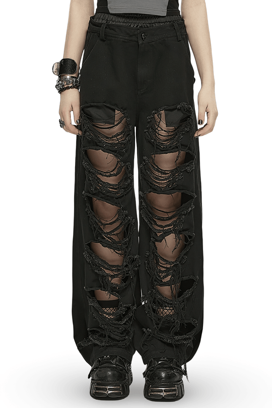 Punk Rave Black Distressed Wide Leg Denim Pants with Rips