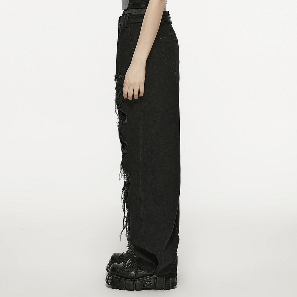 Punk Rave Black Distressed Wide Leg Denim Pants with Rips