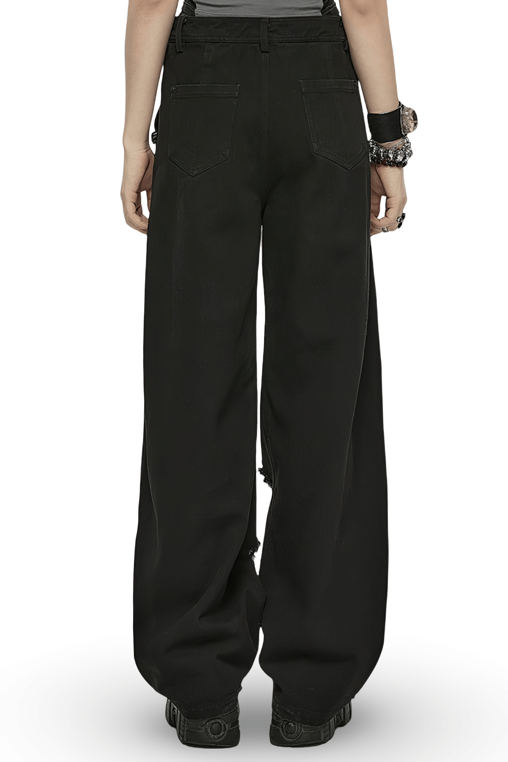 Punk Rave Black Distressed Wide Leg Denim Pants with Rips