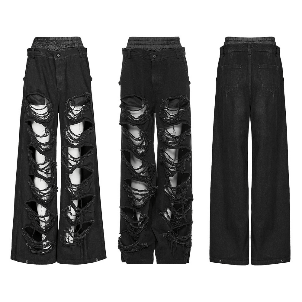 Punk Rave Black Distressed Wide Leg Denim Pants with Rips