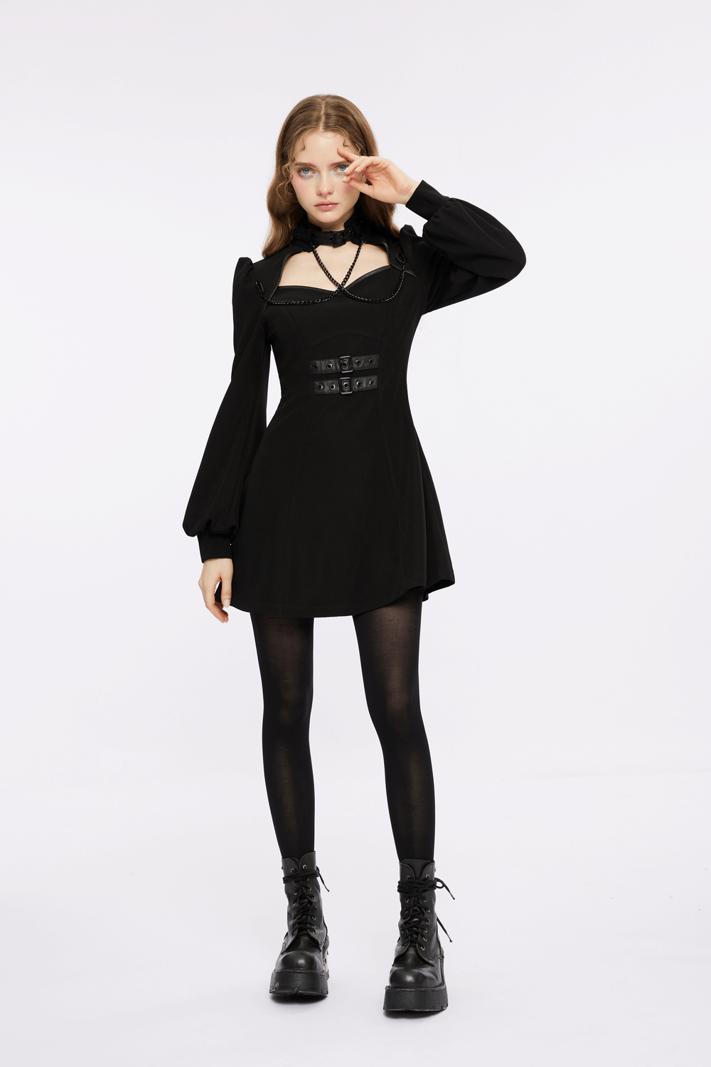 Punk Rave Black Gothic Techwear Dress with Chain and Clasps