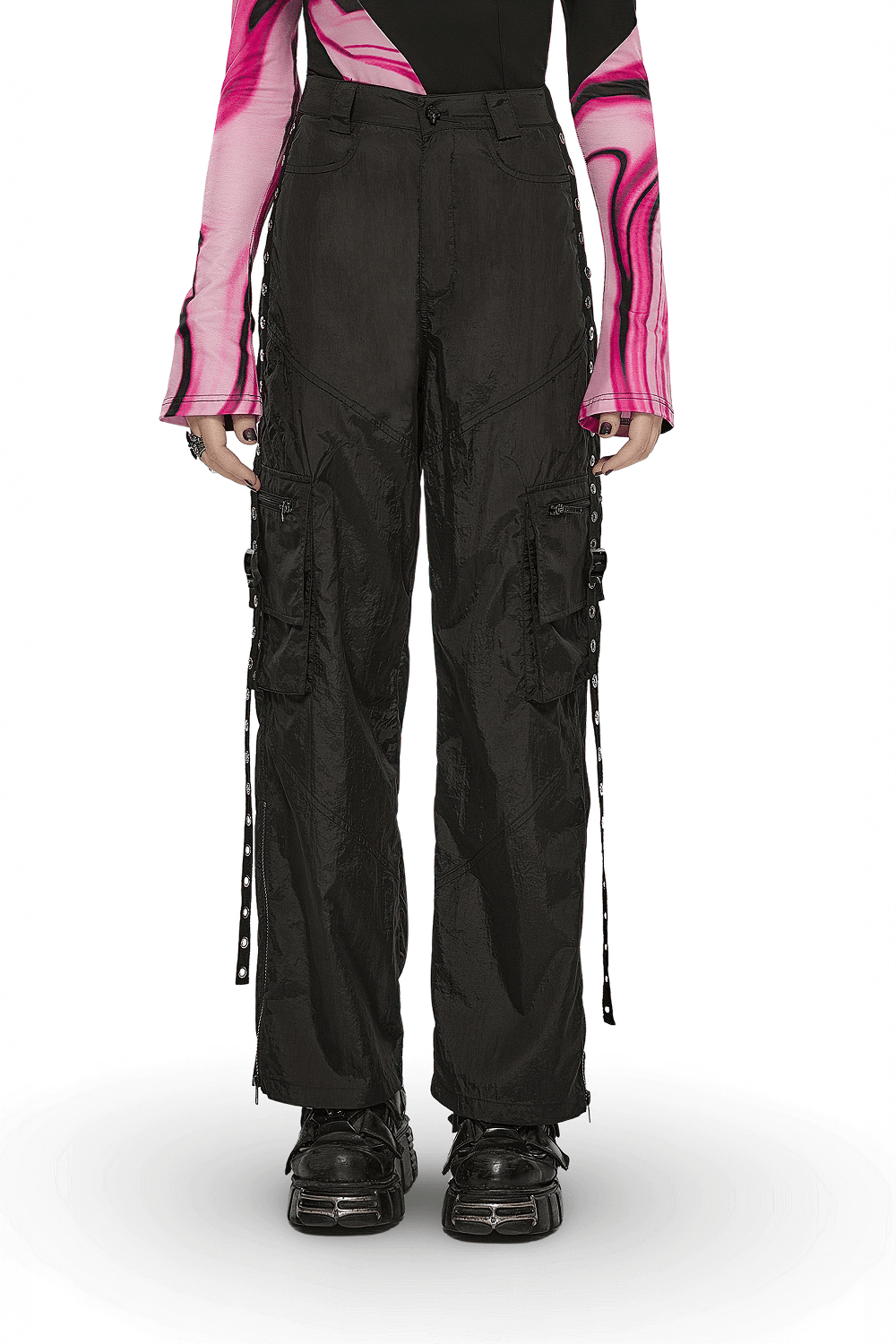 Punk Rave Black Straight Leg Cargo Pants with Side Chains