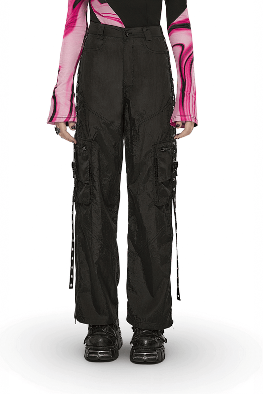Punk Rave Black Straight Leg Cargo Pants with Side Chains