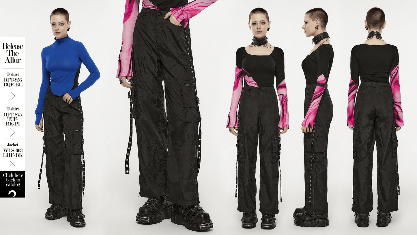 Punk Rave Black Straight Leg Cargo Pants with Side Chains