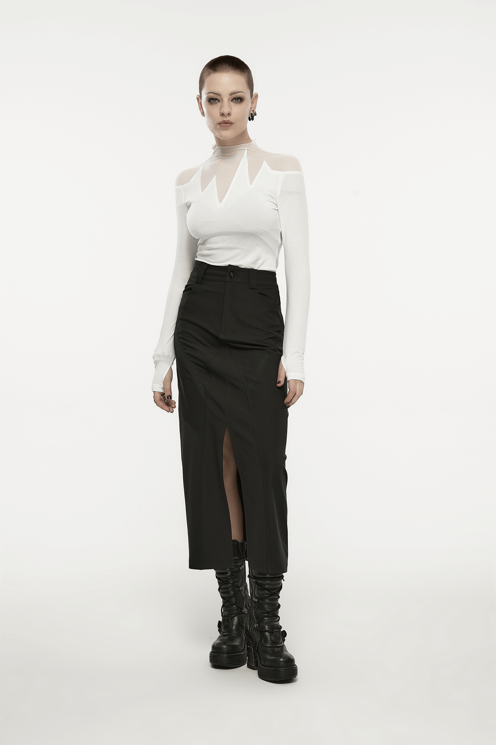 Punk Rave Black V-Cut Front Slit A-Line Midi Skirt