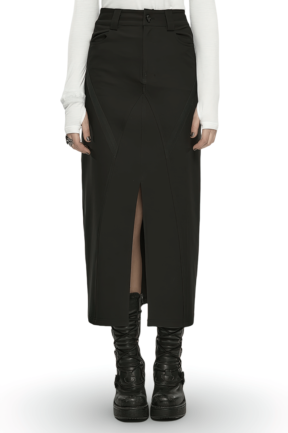 Punk Rave Black V-Cut Front Slit A-Line Midi Skirt