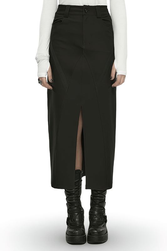 Punk Rave Black V-Cut Front Slit A-Line Midi Skirt