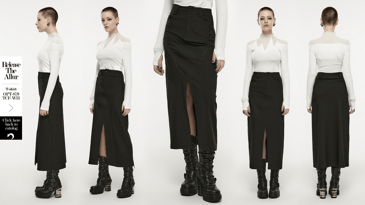 Punk Rave Black V-Cut Front Slit A-Line Midi Skirt