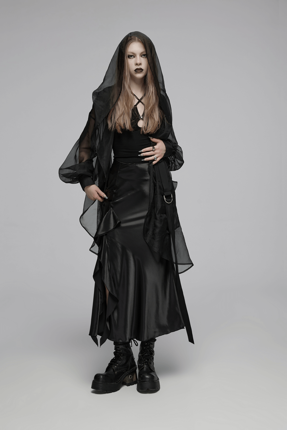Punk Rave Gothic Black A-Line Draped Skirt Asymmetric Ruffles