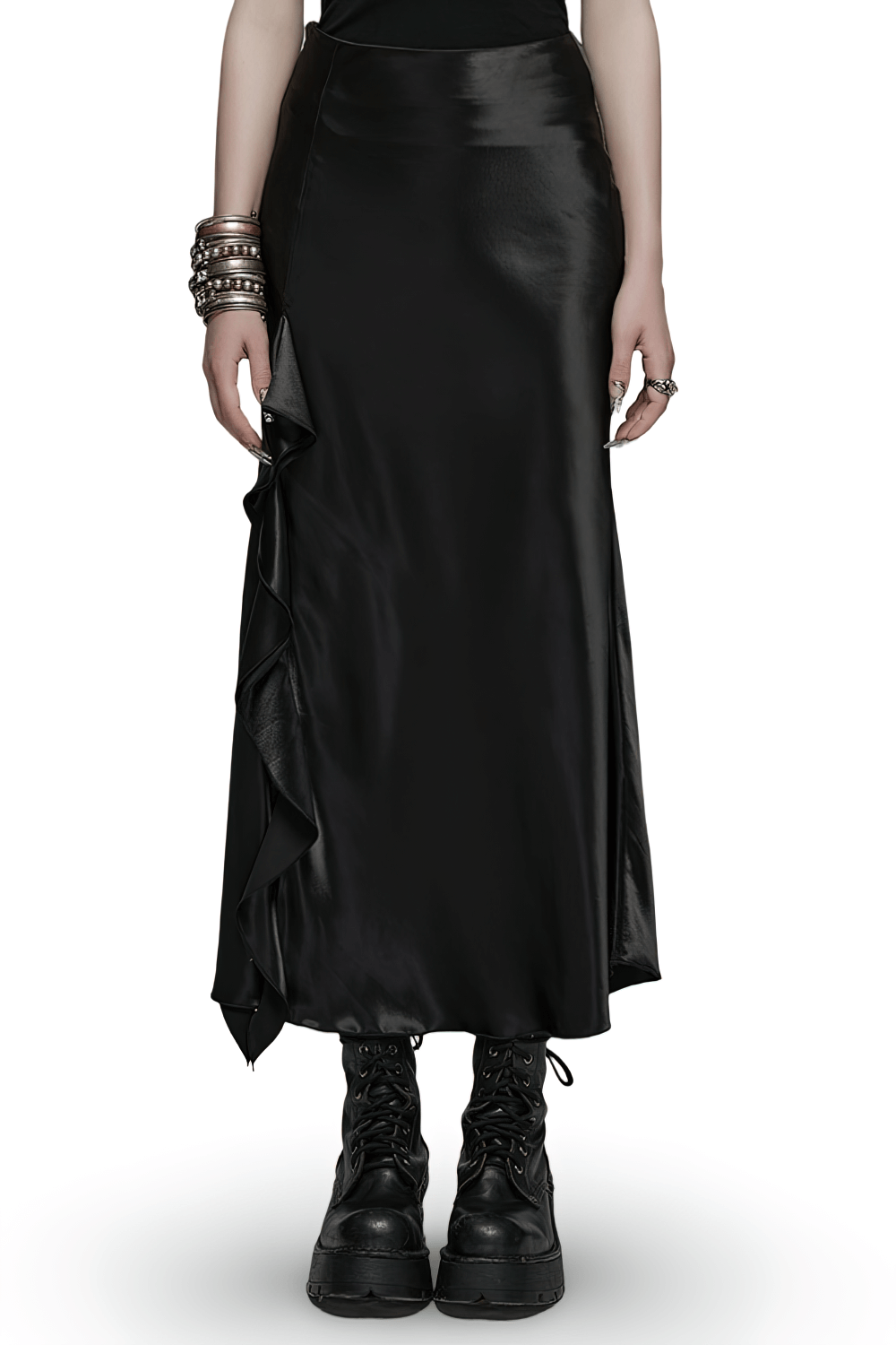 Punk Rave Gothic Black A-Line Draped Skirt Asymmetric Ruffles
