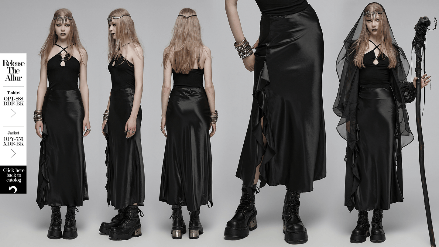 Punk Rave Gothic Black A-Line Draped Skirt Asymmetric Ruffles