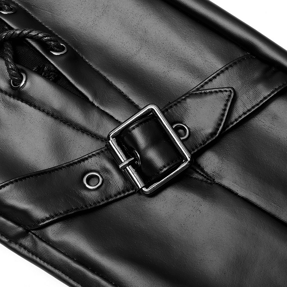 Punk Rave Gothic Black Lace-Up Slim Fit Faux Leather Pants