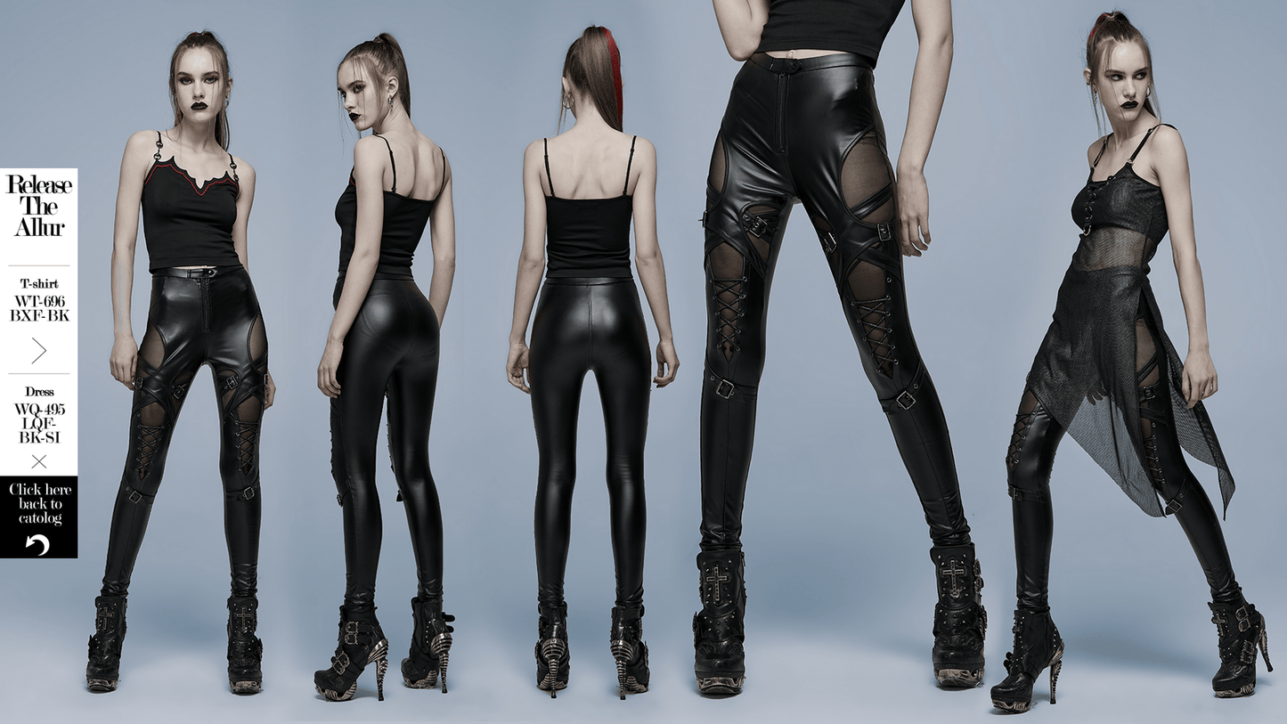 Punk Rave Gothic Black Lace-Up Slim Fit Faux Leather Pants