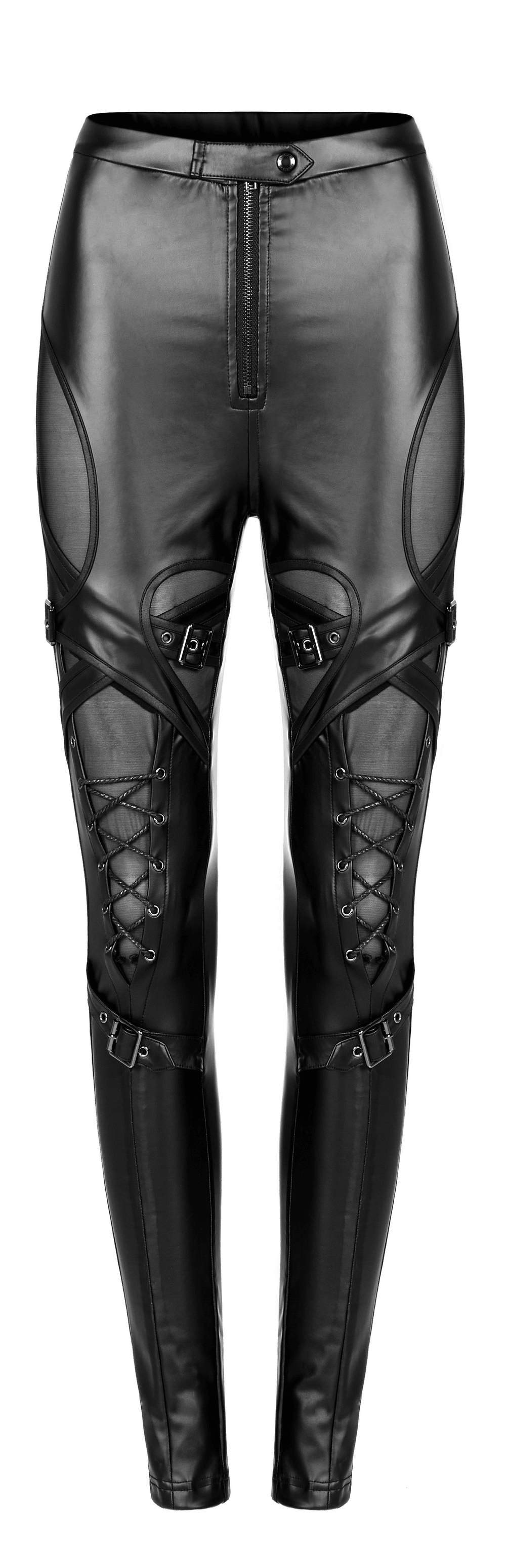 Punk Rave Gothic Black Lace-Up Slim Fit Faux Leather Pants
